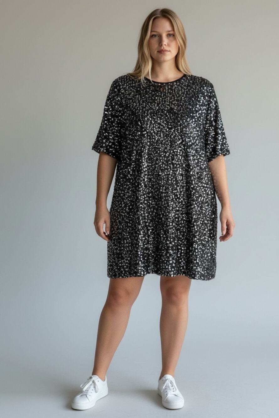 ASOS Curve US 24 Black Silver Crusted Sequin T-Shirt Dress NWOT
